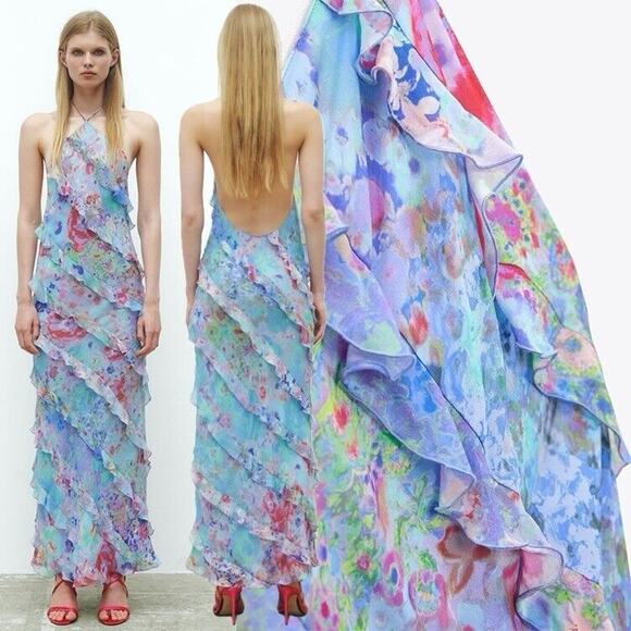 ZARA Watercolor Floral Halter Backless Maxi Dress Size XL Ruffle Details - Picture 5 of 6